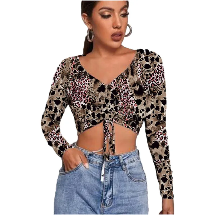 

Best Sell Fall Women Tops Shirts Cow Print V-neck Pleated Tops Ladies Lace Up Long Sleeve T-shirt Women Tops Clothing, Different colors and support to customized