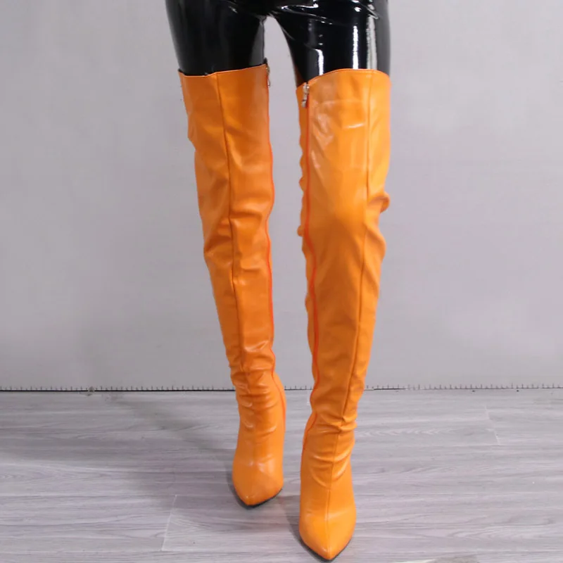 

Winter Pink Leather Pointed Toe Stiletto High Heels Shoes Women Thigh High Boots