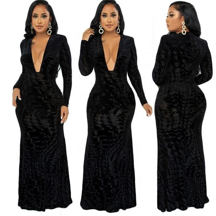 

New Arrival Fall Fashion Deep V Neck Pile Coating Elegant Long Sleeve Maxi Dress