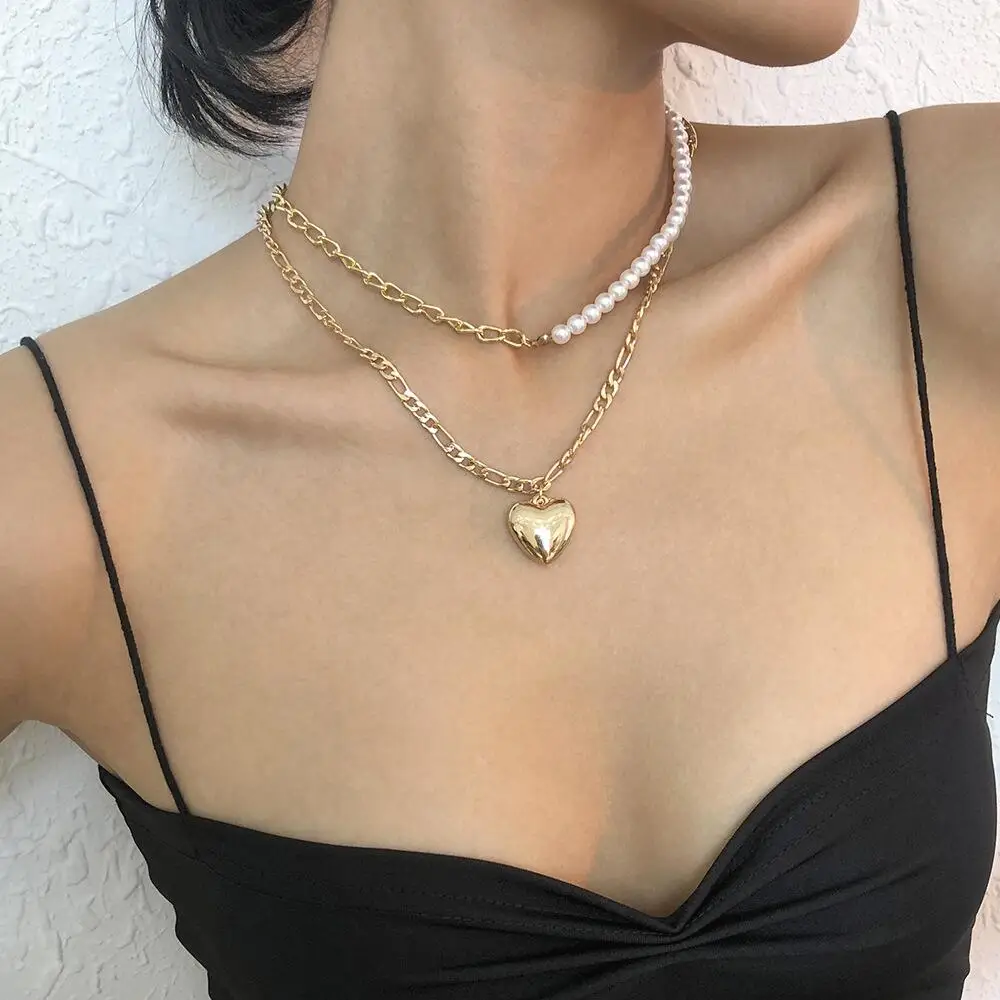 

Classic Asymmetry pearl choker necklace double layered women heart pendants necklace jewelry for women girls, Gold