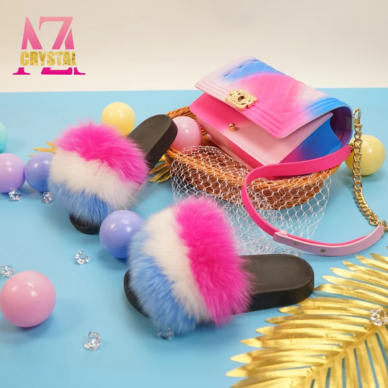 

USA wholesale fox big fur slides slippers for women and with matching purse set jelly bag handbag vendors