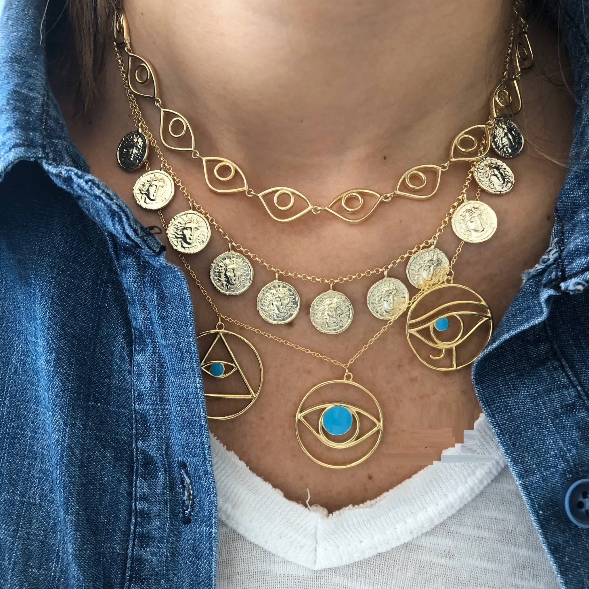 

18 gold plated turkish evil eye charm link necklace Boho Bohemia lucky women jewelry, Customized