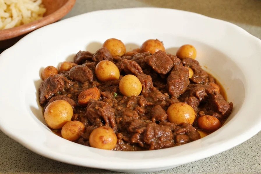 Chef stirring a pot of Peruvian beef stew over stove