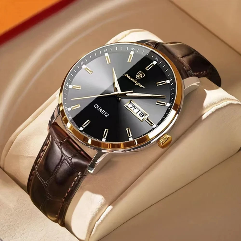 POEDAGAR 832 Men Watch Business Quartz Watches Man Fashion Leather Waterproof Luminous Week Date Top Luxury Men's Wristwatch
