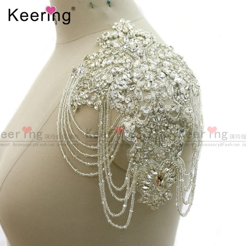 

Luxury Silver Rhinestone Applique Tassel Patches To Sew For Muslim Head Accessories Dress WDP-329