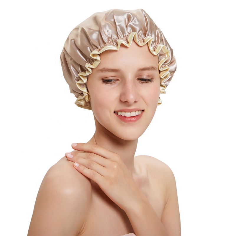 

Wholesale Dual Layer Fabric Shower Cap Waterproof Bathing Shower Cap
