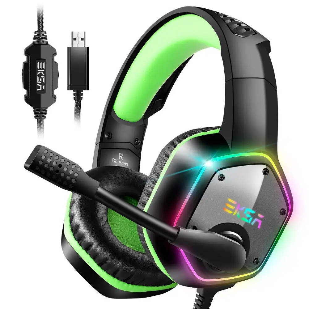 

EKSA E1000 7.1 Virtual Surround Head set Gaming Color LED Light Gamer Headphones With Super Bass ANC Mic For PC PS4 Gray Green