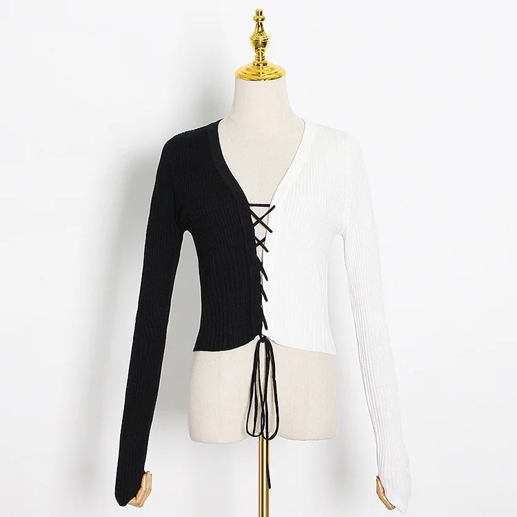 

Chic Contrast Color Ladies Tops V Neck Long Sleeve T Shirt Knit Tops For Womens -ZL, Black