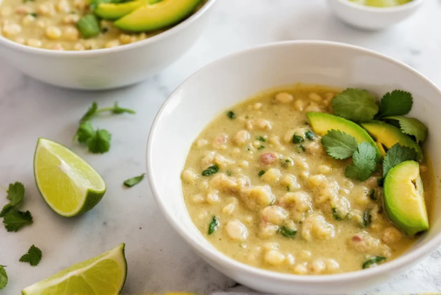 Finished white chili served in bowls with avocado slices, cilantro, and lime wedges