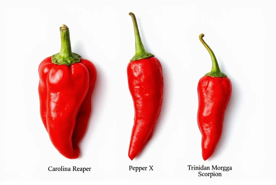 Scientific illustration comparing size and shape of Carolina Reaper, Pepper X, and Trinidad Moruga Scorpion peppers