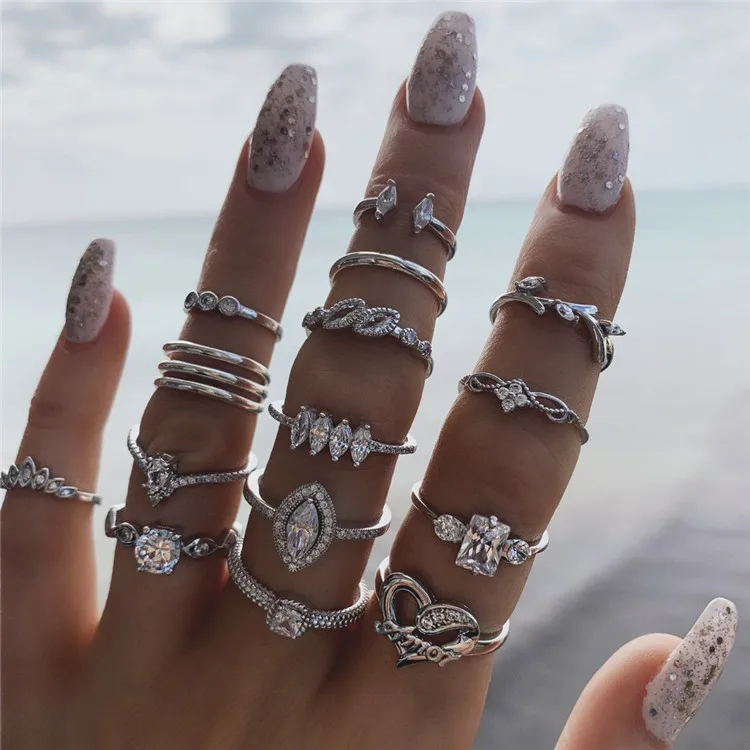 

Jewelry exclusively for European and beauty style 15 sets of rings, explosive Bohemian retro geometric ring jewelry, Picture shows