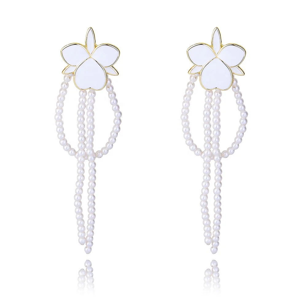 

New White Cherry Blossoms Flower earrings Brass 18k gold plated Imitation Shell Pearl beads Enamel Drop Earrings