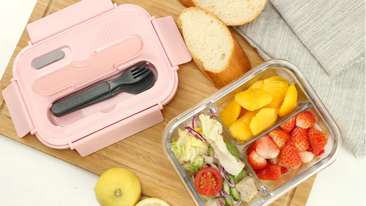 Vented Color Lid Glass Food Storage Container Lunch Box With Spoon And ...