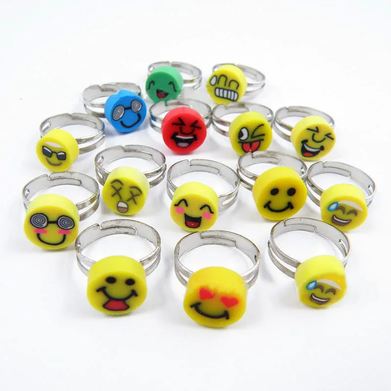 

RA1007 New Dainty Rainbow Polymer Clay Flower Smile Face Smiley Open Rings For Kids Children