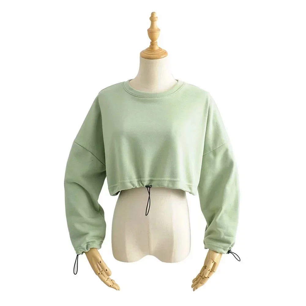 

Custom Round collar loose high waist drawstring solid color crop long sleeve hoodie Jogging Women Tracksuit crewneck sweatshirt, Picture