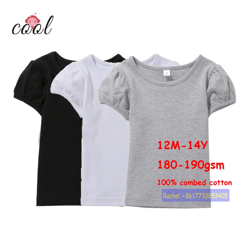 

12M-14T Girls 100% Combed 180-190gsm Cotton children short sleeve t shirt baby kids solid color blank plain custom logo t shirt, Picture