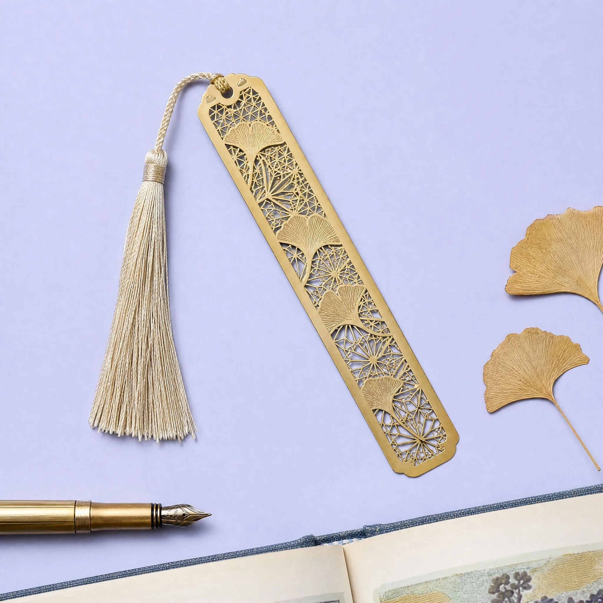 Custom Ginkgo Biloba Brass Filigree Bookmark with Champagne Silk Tassel