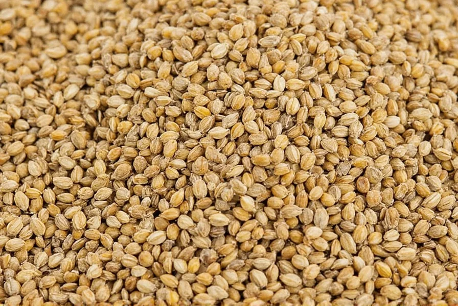 Close-up view of dry coriander seeds showing their round shape and light brown color