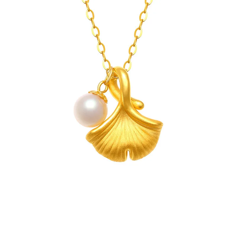 

Certified Pure Gold 999 Apricot Leaf Pearl Gold Necklace Female Sansheng Lucky 3D Hard Gold Pendant 24K Set Chain