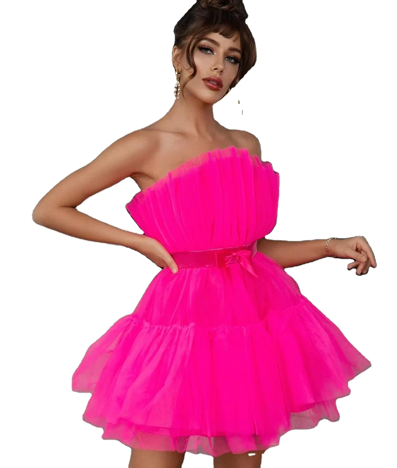 

Kendall Jenner Off Shoulder Mesh Backless Tutu Tulle Lolita Vestidos Pleated Women Dress