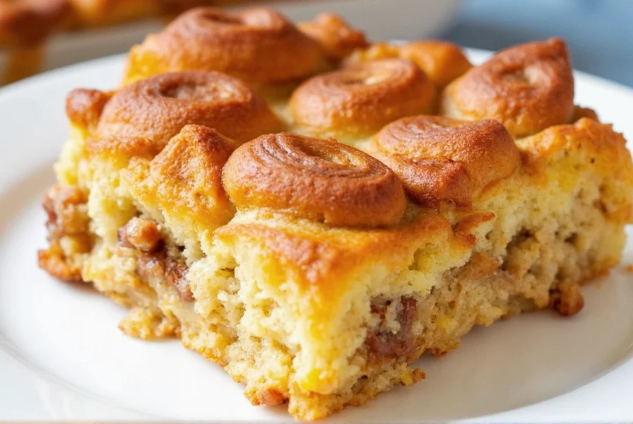 Overhead photo of golden brown cinnamon roll casserole with cream cheese glaze dripping down the sides in a ceramic baking dish