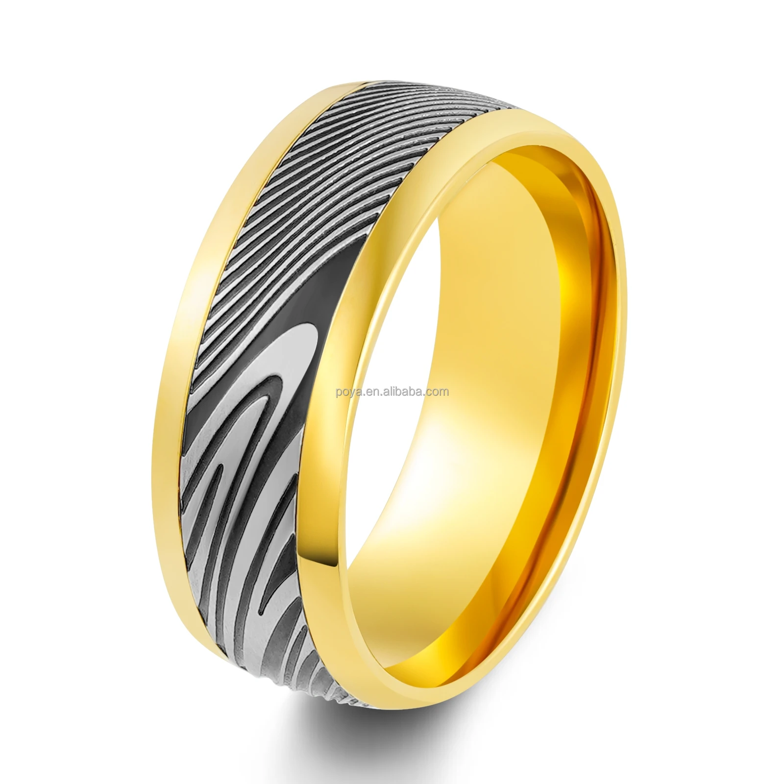 POYA 8mm Unique Etched Damascus Steel Stainless Steel Ring  Gold/Silver/Rose Gold Polished Jewelry Engagement Gift Anniversary