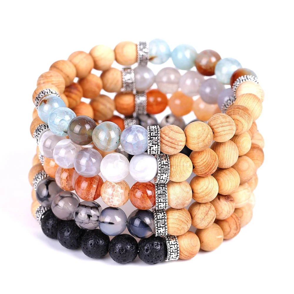 

8mm Ice cracked agate Stone Lava beads & Wood beads Aromatherapy Essential Oil Diffuser Bracelet Buddha Yoga Women Men Jewelry