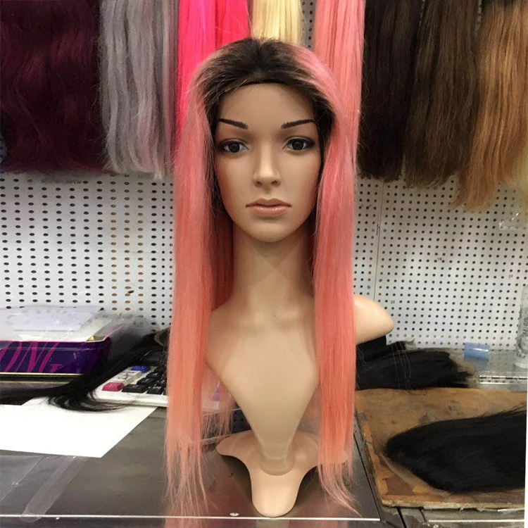 

Top Quality Human Hair Lace Front Wig Ombre Colo #PINK With Black Dark Root, 100% Virgin Hair Human Hair Wigs, Natural color