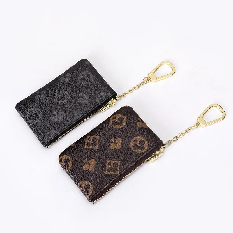 

Portable Women Vintage Monogram PU Leather Designer Zipper Coin Pouch Ladies Mini Checkered Luxury Money Card Bag Keychain Purse, As shown