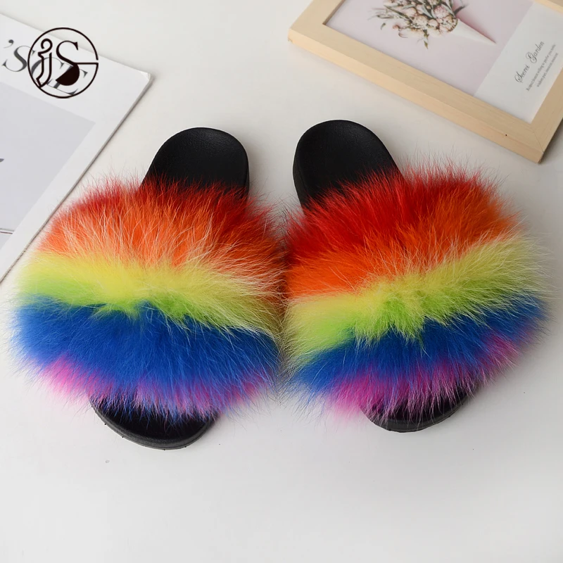 

2021 Fashion Popular Design Various styles fur sandals plush outdoor slides for women 100% Fox comfy furry slippers, Picture