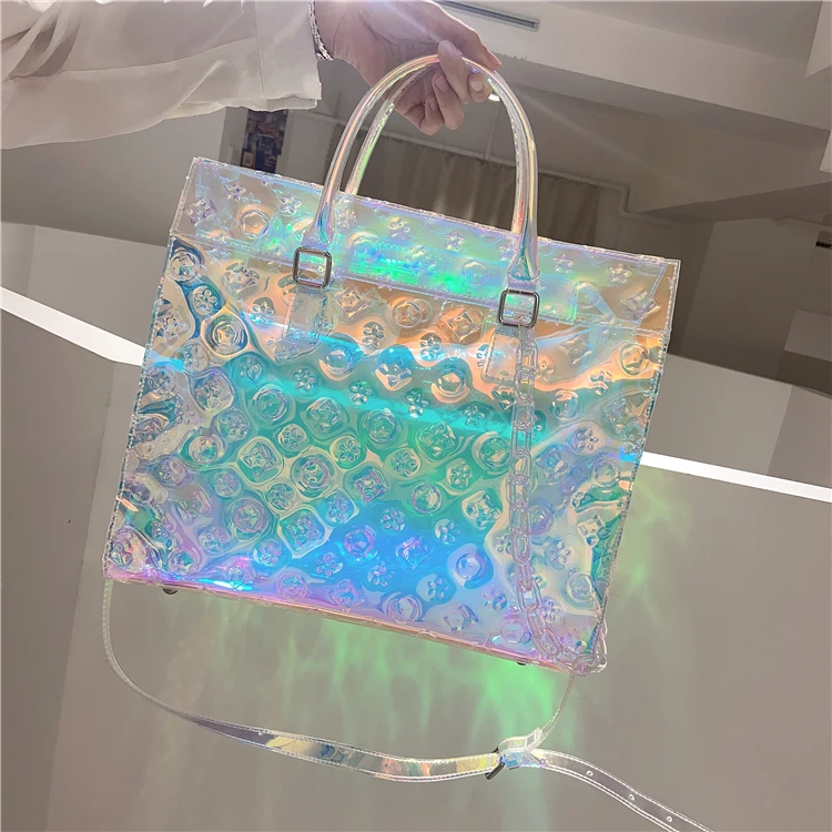 

Yzora new clear transparent laser holographic shoulder crossbody bags women handbags with acrylic chain, Hologram