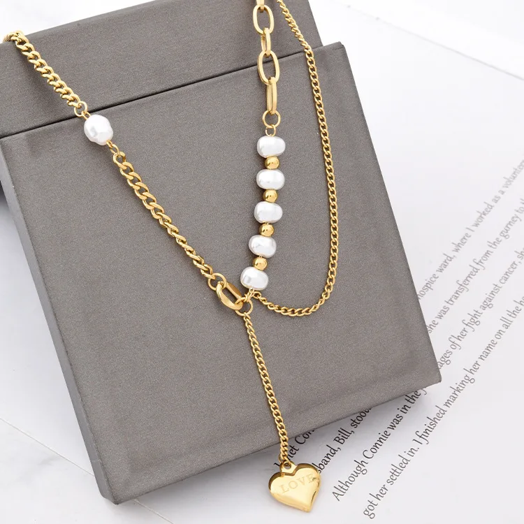 

European Hotsale Design Double Layered Pearl Heart Necklace Stainless Steel Love Heart Pendant Necklace