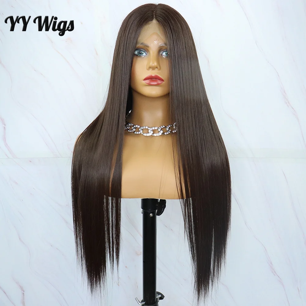 

YY Wigs 13x4 Long Straight Futura Color 4 Dark Brown Lace Front Heat Resistant Synthetic Wig for Black Women