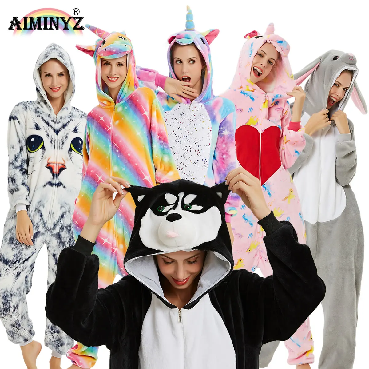 

AIMINYZ Wholesale Unisex Autumn Winter Animal Flannel Fleece Onesie Pajamas Set Cartoon Sleepwear Woman Man Child Pijama Unicorn