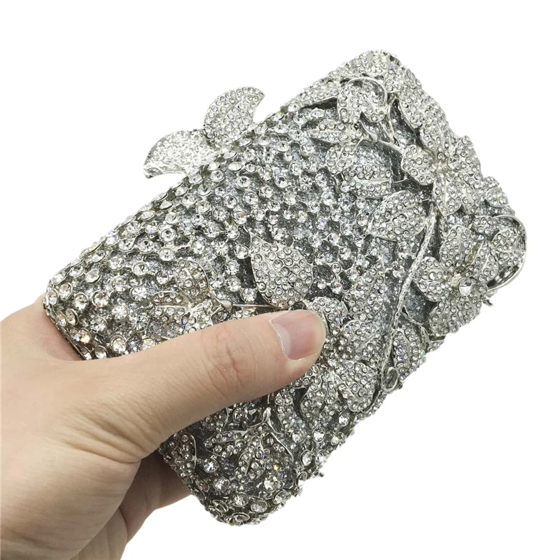 

Dazzling Women Silver Flower Hollow Out Crystal Evening Metal Clutches Small Minaudiere Handbag Purse Wedding Box Clutch Bag, As pictures