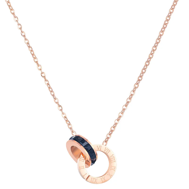 

O ring rose gold chain two rings Pendant with synthetic zirconia and engraved Roman numeral 316L Stainless steel necklace, Rose gold and black