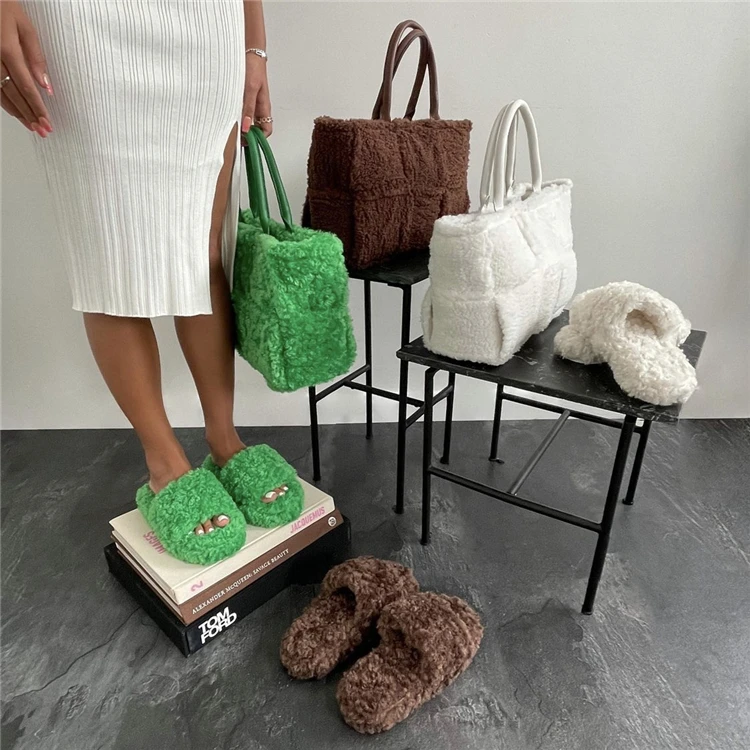 

popular famous shoe and bag set fashion fluffy fur women's slippers designer slipper and purse sets for ladies, Customized color