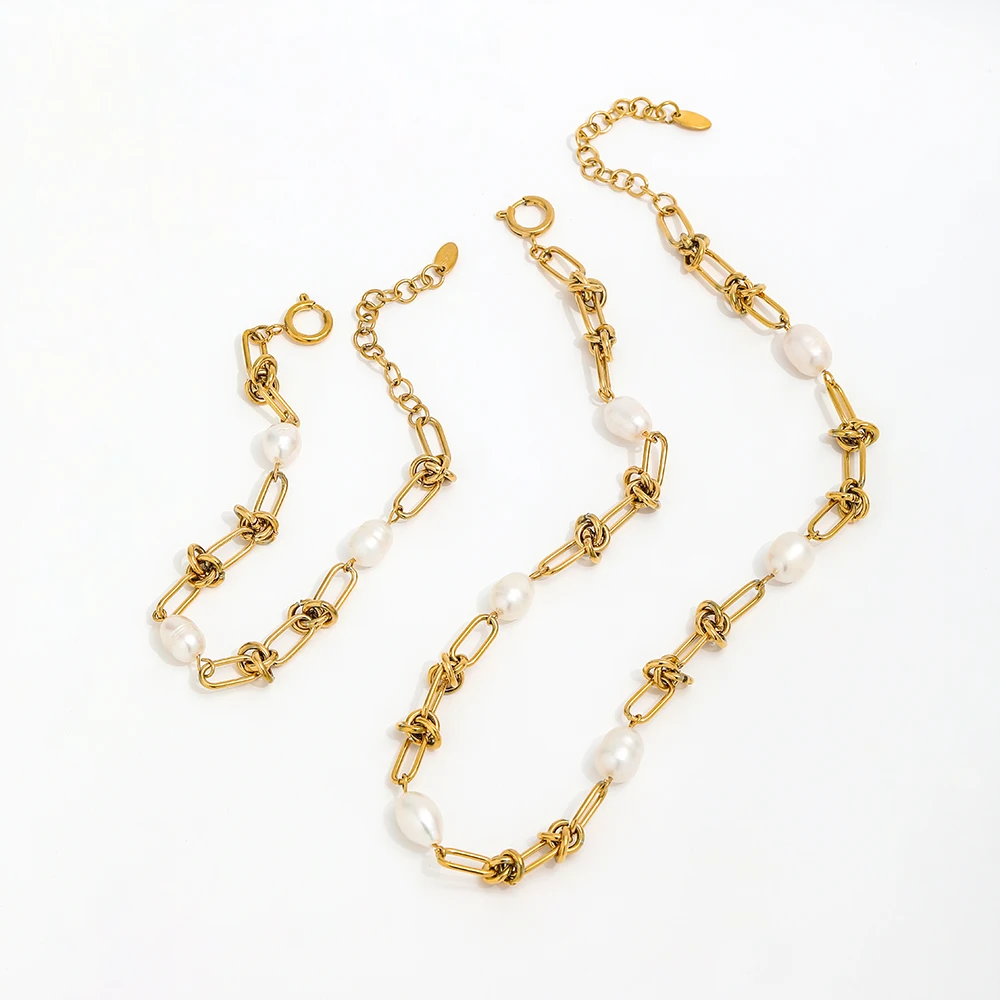 

Joolim Jewelry 18K Gold Plated Knot Link Chain Freshwater Pearl Necklace Stainless Steel Jewelry Wholesale