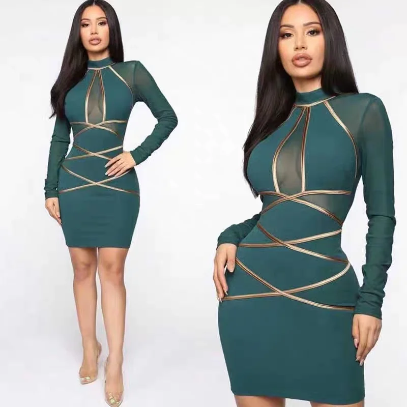 

Stretch Women Green Bandage Dress Good Quality Bodycon Mini Dresses Mesh Long Sleeve Gold Stripe Dress, Customized color