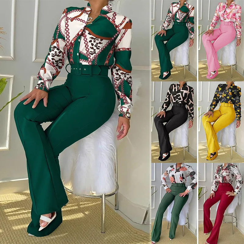 

Spring 2022 Casual Floral Print Long Sleeve Chiffon Blouse Shirt Women Wide Leg Pants Two Piece Set, Customized color