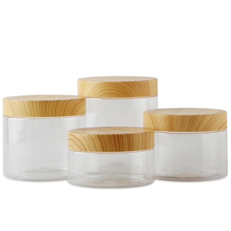 

150g 500g face cream skin care plastic jar clear cosmetic pot wide mouth 250g cosmetic jar with wood lid