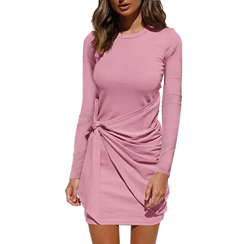 

Wholesale Fall Winter New Style Knotted Long Sleeves Solid Color Buttocks Slim Fit Casual Round Neck Dress Women, Picture color