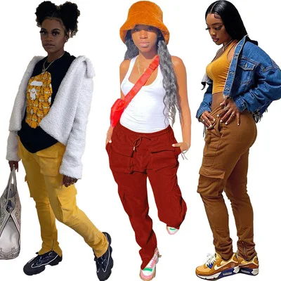 

Custom Logo Solid Pockets Cargo Pants Women Thick Fleece Drawstring Pockets Sweatpants