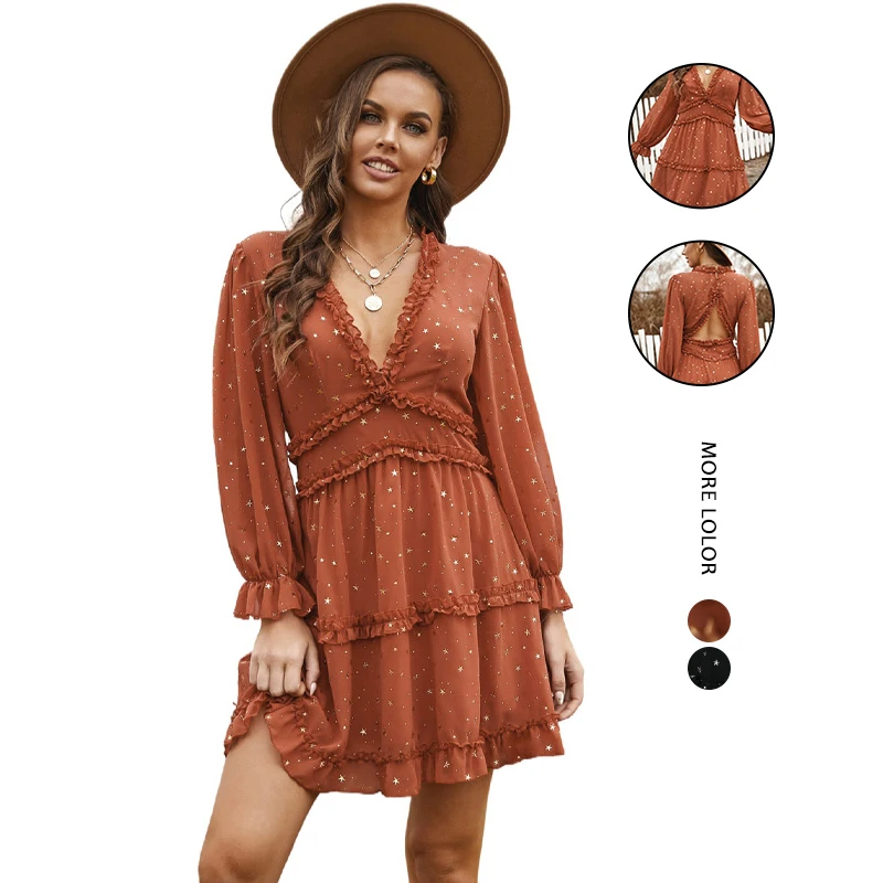 

Fashion Women's Ruffled Star Pattern Dots Flowy Dresses Sexy Deep V Neck Backless Dress