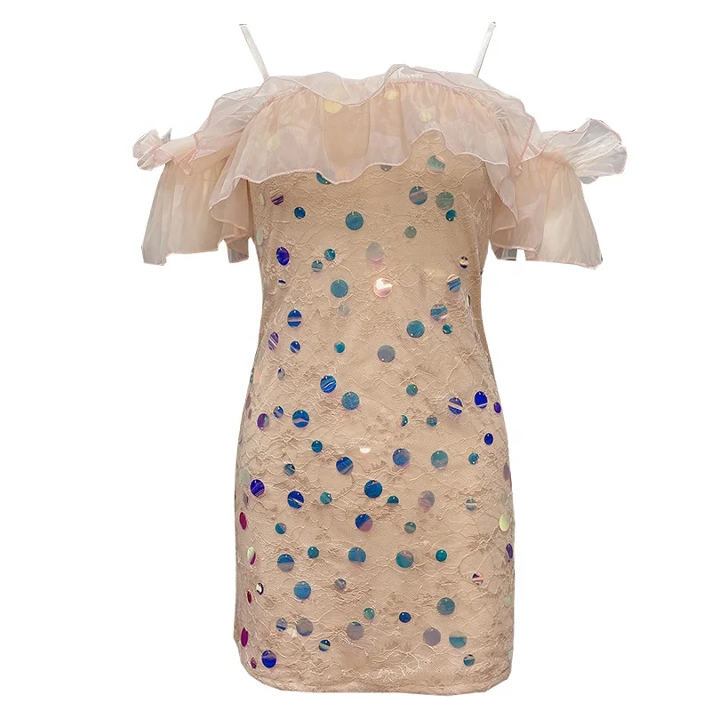 

Ruffle suspender bra short sleeve sequin pink A-line short skirt sweet dress