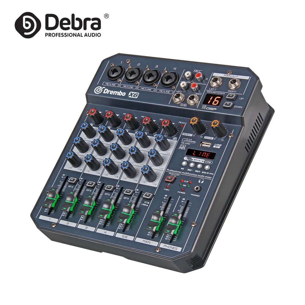 

Debra Audio X6 6Channel mini digital DJ audio mixer with fader BT4.2 16DSP reverb effect 48V for PC recording band mixing, Black