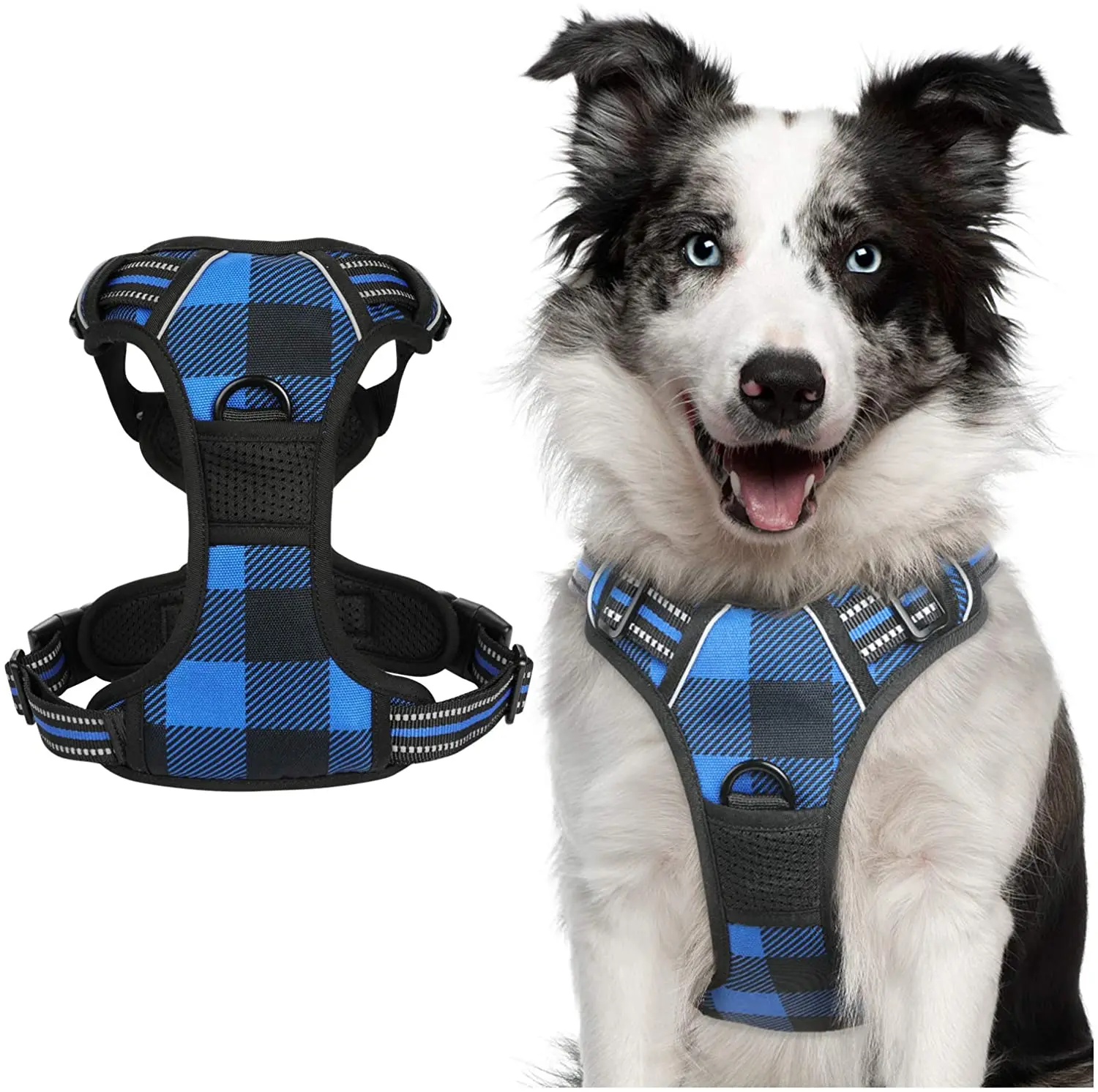 

Comfort Padded Easy Handle Reflective Front Body Designer Pet Soft Dog Harness Vest For Small Breeds, Blue Plaid, Buffalo plaid (blue & black)