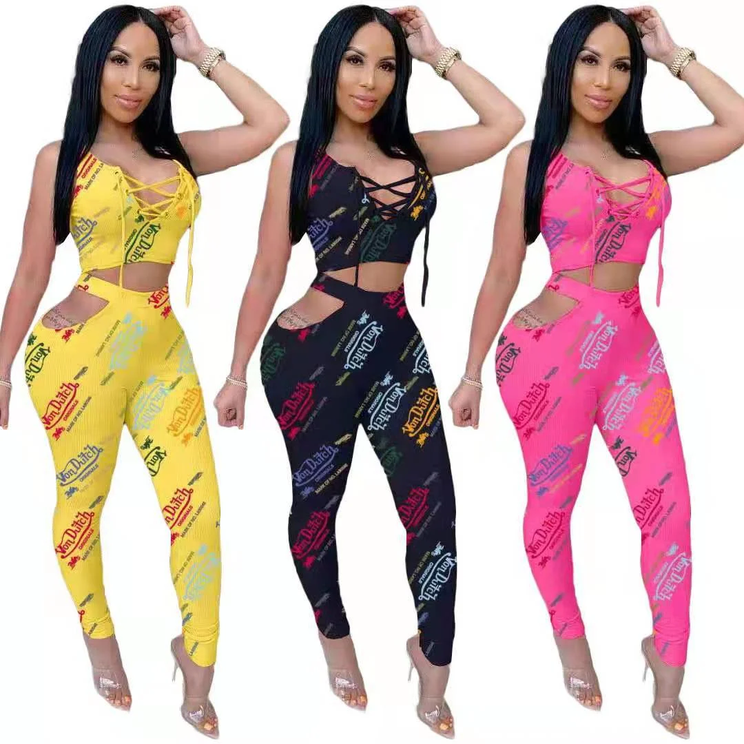 

Summer 2021 new trendy von dutch short sets women tank top with snack pant two piece sets for fitness & yoga wear, 3 color as picture