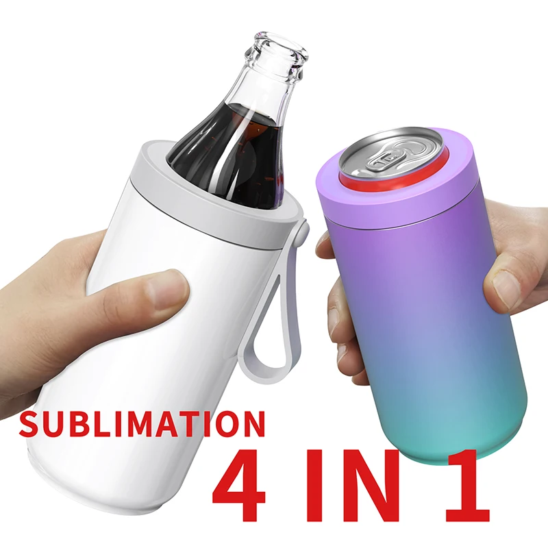 

4 in 1 Portable 12oz Slim Sublimation blank Vacuum Insulated Double Walled Stainless Steel Beer Bottle and Can Cooler