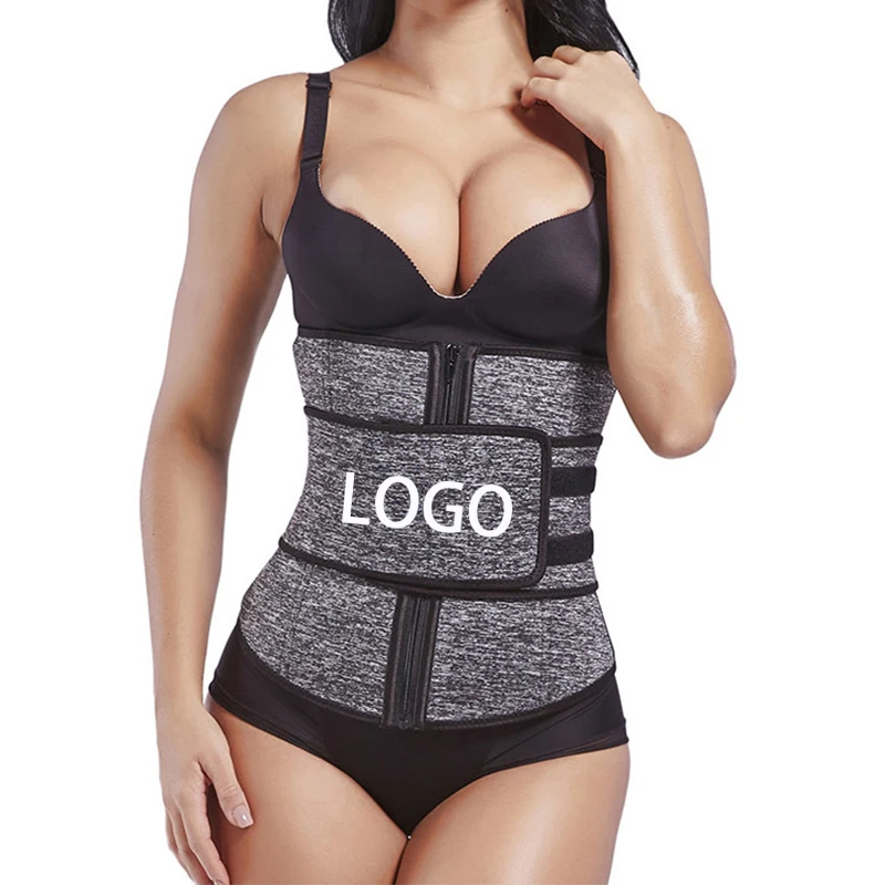 

Custom Neoprene Waist Trainer With Logo Strap Zip Up  Thermal Weigh Loss Double Compression Waist Trainer Women, Black grey